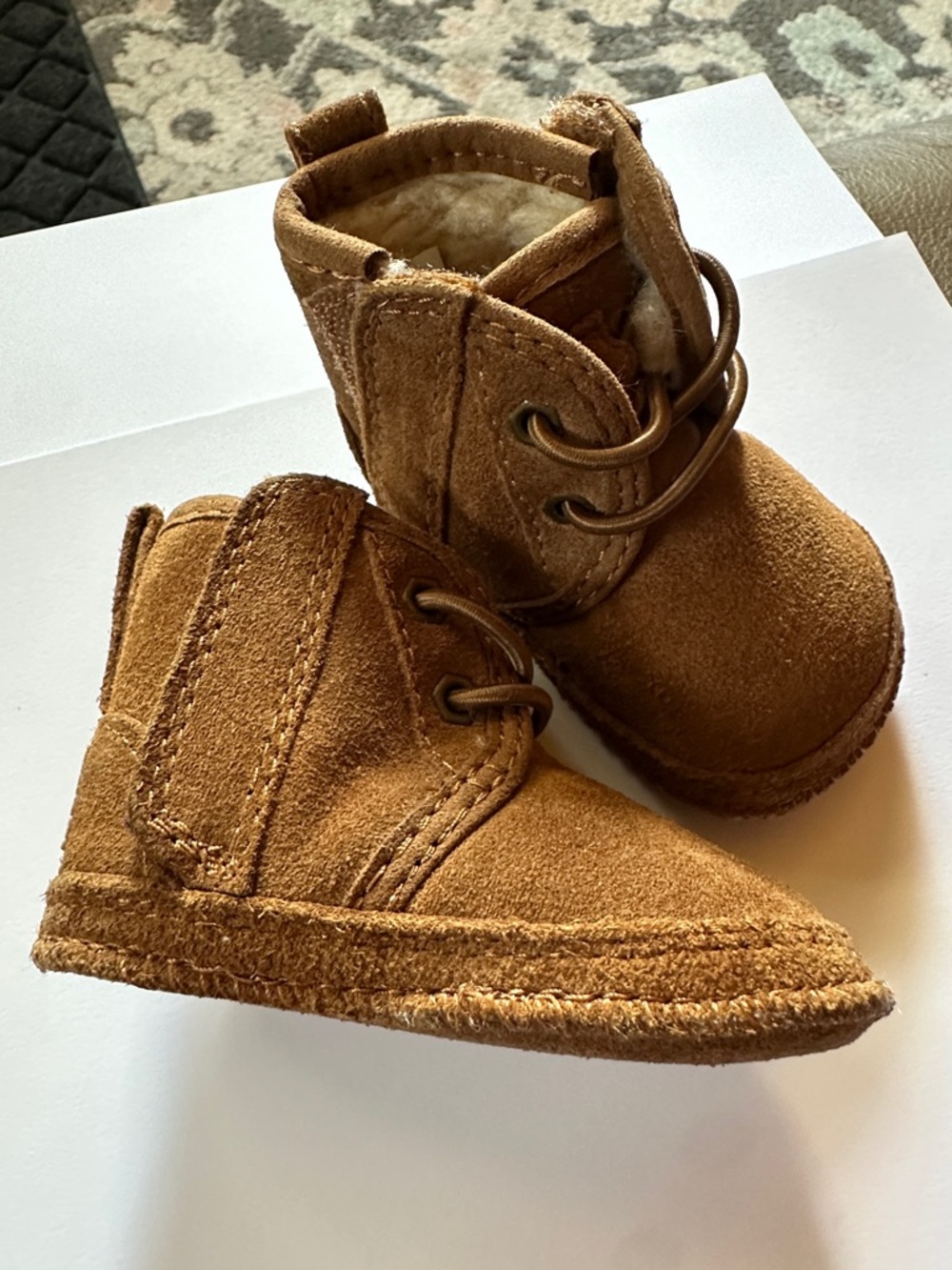 UGG Toddler Chestnut Suede Lace-Up Booties with Shearling / Velcro
